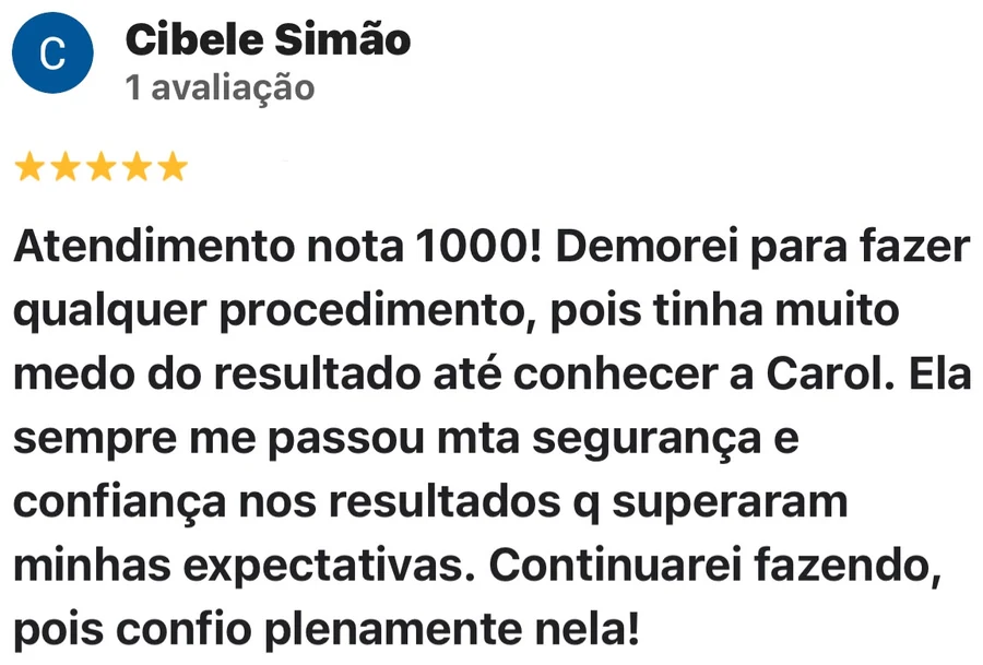 Avaliação de Cibele Simão no Google: cinco estrelas, atendimento nota 1000