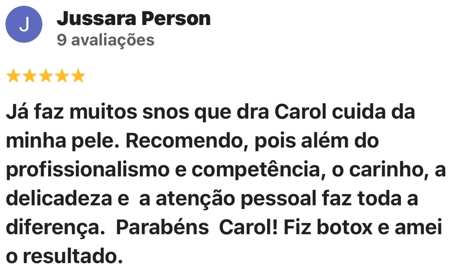 Avaliação de Jussara Person no Google: cinco estrelas, anos de cuidado com a pele